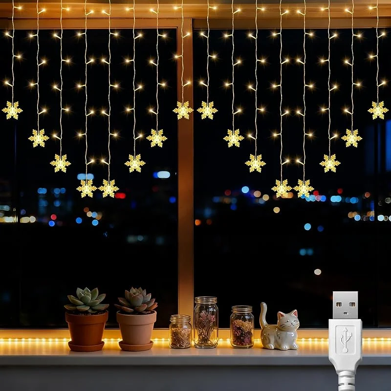 AdalyRoma Cortina de luces Navidad copo de nieve, usb 2X1m 104led Luz Blanco Cálido Para Interior Y Exterior Cortinas Bodas Navidad Fiestas Y Jardines