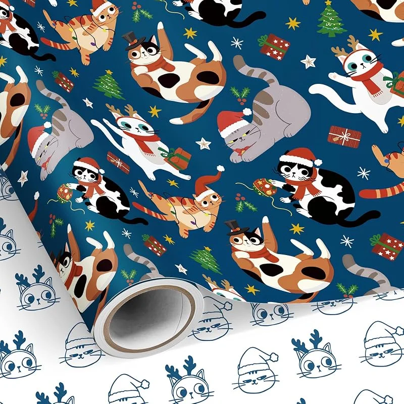 Visita la tienda de Neloheac Neloheac Rollo Papel de Regalo Navidad Gato Azul Marino, 43 cm x 10 m — Envoltorio regalo