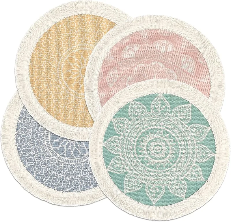 Weldomcor Juego de 4 Manteles Individuales de Algodón Mantel Individual de Tejido Redondo Resistente al Calor Alfombrillas de Comedor 33 cm (Mandalas) — Hogar y cocina