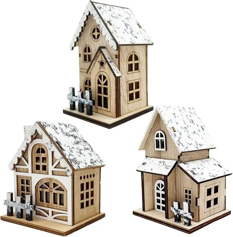 Yvocuyn Casas de pueblo navideñas, techo de nieve de madera iluminado 3 piezas — Decoracion Navidad
