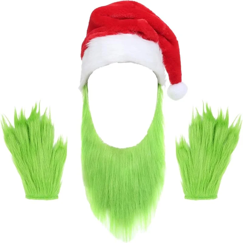 WEITAPYT Accesorios Disfraz Navideños, Gorro Papá Noel, Guantes Verdes, Barba Verde, Gorros de Navidad Adultos, Accesorios de Disfraz de Papá Noel para Fiestas Navideñas, Carnavales y Cosplay — Ropa Navidad