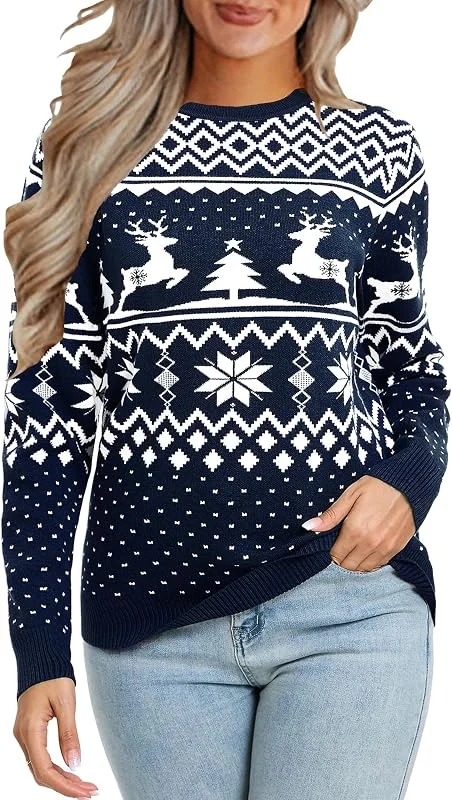 VEOMRI LUKCH Suéter de Navidad para mujeres y hombres, reno, copo de nieve, suéter festivo de punto, cuello redondo, manga larga, suéter de invierno — Ropa Navidad
