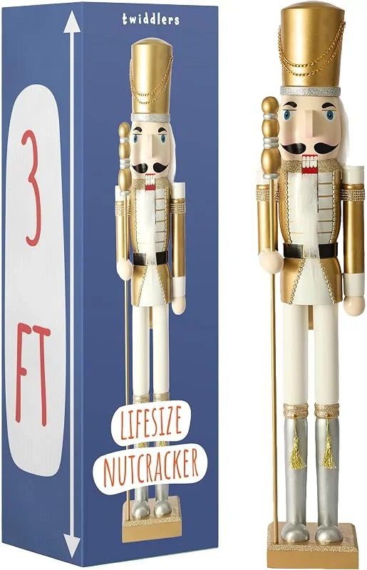 Visita la tienda de THE TWIDDLERS THE TWIDDLERS Cascanueces Navidad Oro Blanco 90 cm, Soldado Grande Madera — Decoracion Navidad