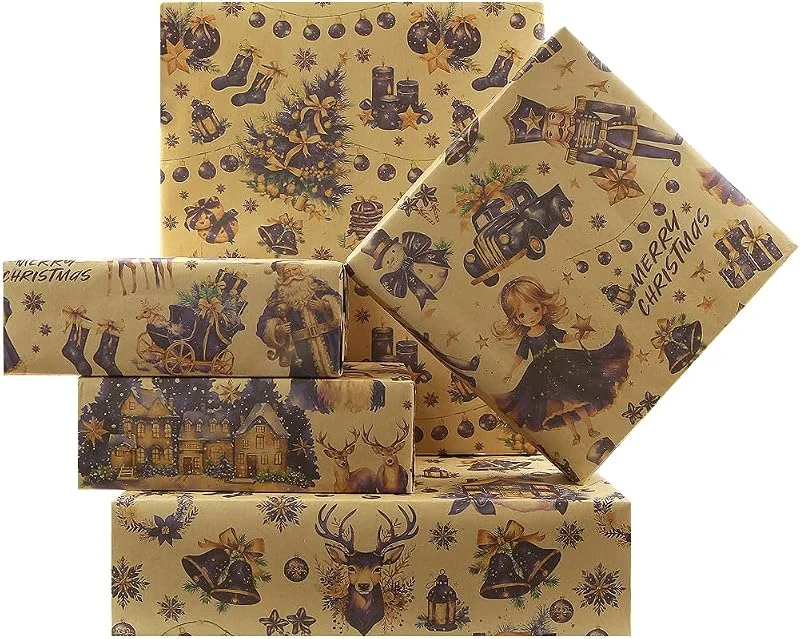 Geluode Papel de regalo vintage de Navidad, 4 hojas de papel de regalo azul y morado, árbol de Navidad, Papá Noel, casa de nieve, recolección de cascanueces, papel de regalo para decoración de Navidad, 70 x — Envoltorio regalo