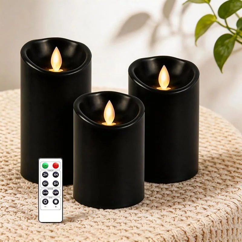 Visita la tienda de AiiBowy LED Velas [3 Piezas] Velas Sin Llama, Velas Aire Libre - Llama Parpadeante, Control Remoto, Función de Temporización, Ajustar las luces - para Navidad, Cumpleaños, Fiestas, Bodas (Negro) — Luces Navidad
