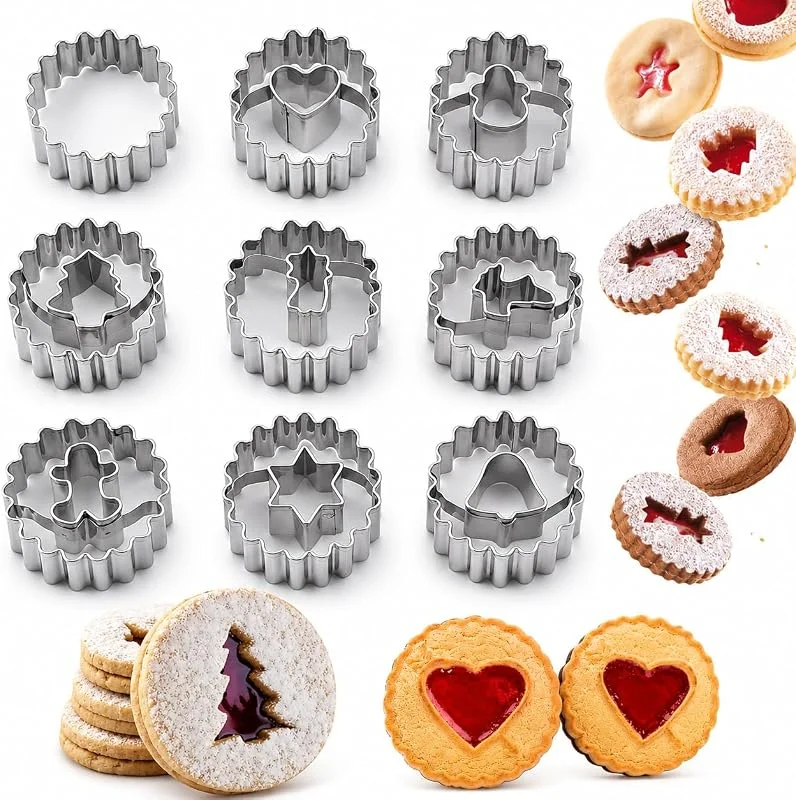 ririess 9 cortadores de galletas de Navidad Linzer, mini cortadores de galletas Linzer, juego de cortadores de galletas de acero inoxidable, cortadores de galletas redondos estriados para fiestas, horneado y — Hogar y cocina