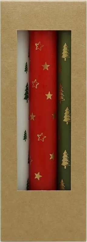 Visita la tienda de DONAU HOME Juego de velas navideñas cónicas DONAU HOME, 3 unidades, Ø 2, 2 × 17, 5 cm, blancas, rojas y verdes, con motivo de árbol de Navidad y estrella. — Cena a la luz de velas