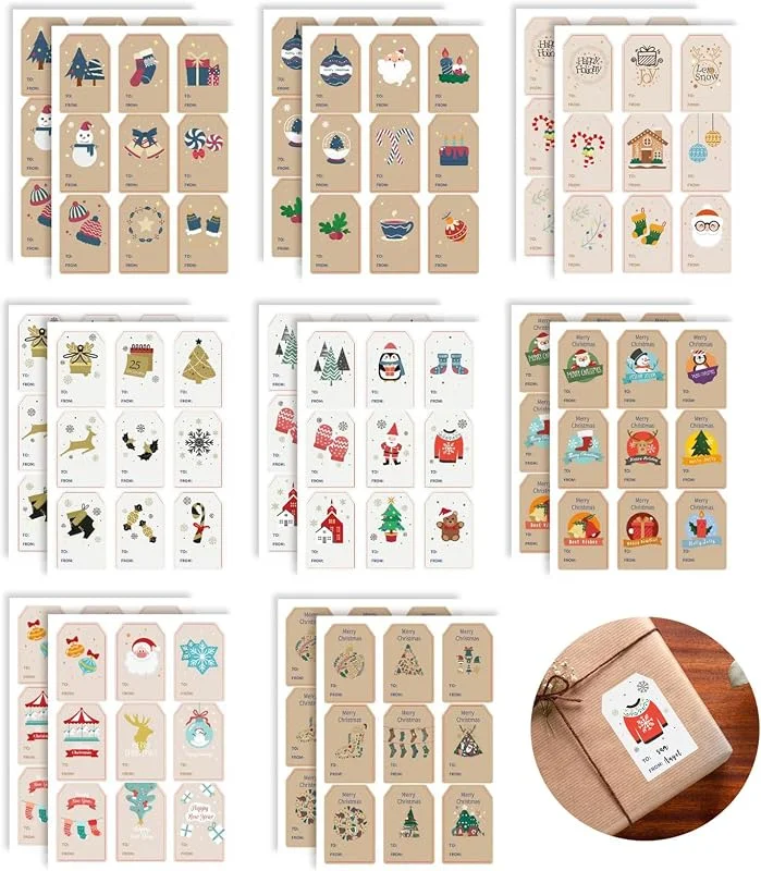 NVGVUP 144 Piezas Etiquetas Regalo Navidad Adhesivas, Pegatinas Navidad para Regalos 33 × 53 mm, Etiquetas Adhesivas Navidad Escribible, Etiquetas Navidad para Caja de Regalo Decoración — Envoltorio regalo