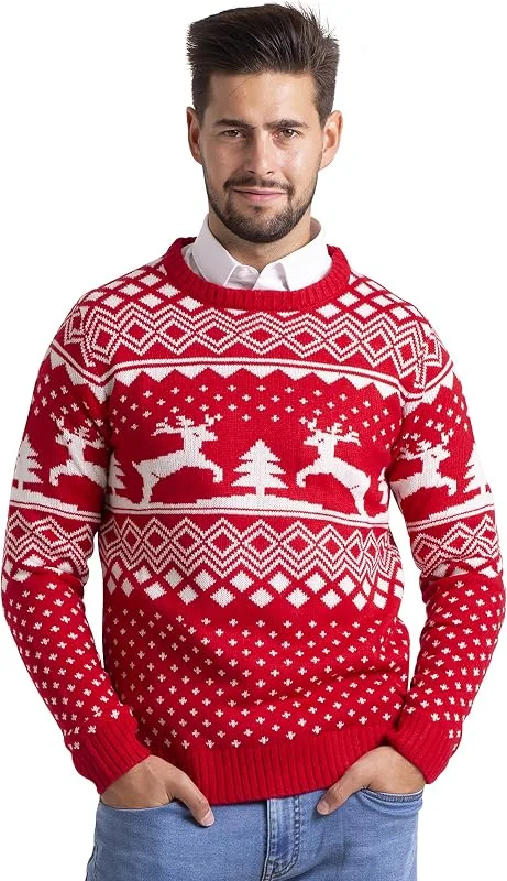 BlauerHafen Suéter de punto de Navidad para hombre, diseño de reno, cuello redondo, manga larga, tallas S-XXL — Ropa Navidad