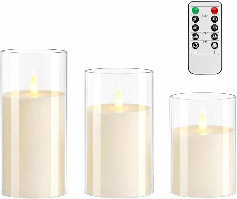 HENGBIRD Velas LED con Cilindro de Metacrilato 3 Piezas Mando y Temporizador — Cena a la luz de velas