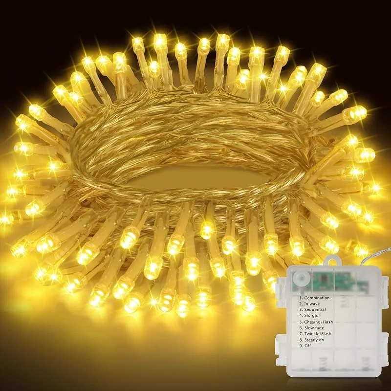 Realky Cadena de luces LED para interior y exterior, 11 m y 110 ledes, batería para árbol de Navidad, 8 modos, IP44, resistente al agua, con temporizador, para Navidad, interior, exterior, jardín, fiesta — Luces Navidad