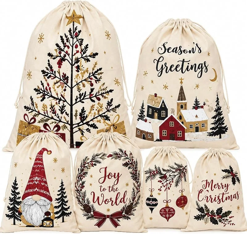 Beafaeur 6 Piezas Saco Regalos Navidad de Lona, Bolsas de Regalo Navidad 4 Tamaños — Envoltorio regalo