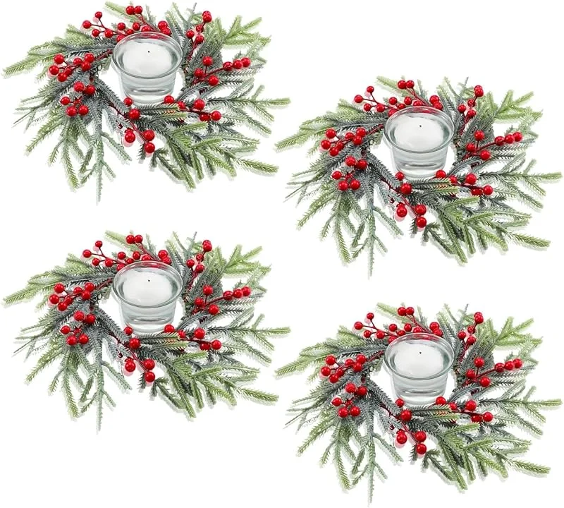 KAHEIGN 4 Piezas Anillos de Velas Navideñas, 21CM Corona de Frutos Rojos Artificiales Candelabro con Agujas de Pino de Norfolk Nevado para Pilares Rústico Bodas Navideña Fiestas Puerta Mesa Decoración — Decoracion Navidad