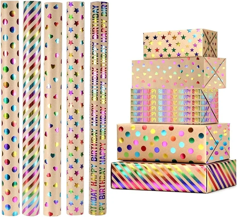 Freyeeti 5 Rollos Papel Regalo Cumpleaños 43x300cm Kraft con Cinta 2 Caras — Envoltorio regalo
