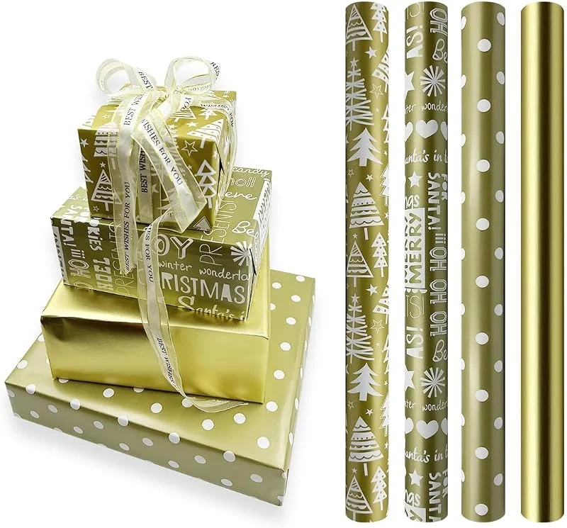 YUHGENWI 4 rollos de papel de regalo dorado, 43 cm x 3 metros, rollo de papel de regalo navideño, adecuado para Navidad, cumpleaños, fiestas, bodas, baby shower, decoraciones de regalos de festivales — Envoltorio regalo