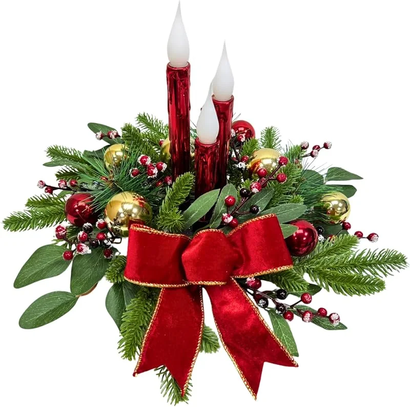 Svndlyn Decoraciones de Navidad, arreglo floral de Navidad, centro de mesa para mesa, velas rojas sin llama, adornos de bolas con purpurina, lazos de bayas rojas y hojas de eucalipto, decoración de — Cena a la luz de velas