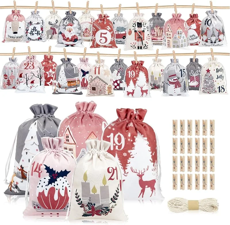 LYLIDIA 24 unidades de calendario de Adviento para rellenar, sacos grandes 2025, bolsas de tela rellenables, calendario para rellenar uno mismo, bolsas de Adviento, tamaño XXL, calendario de Navidad para — Adviento y mesa
