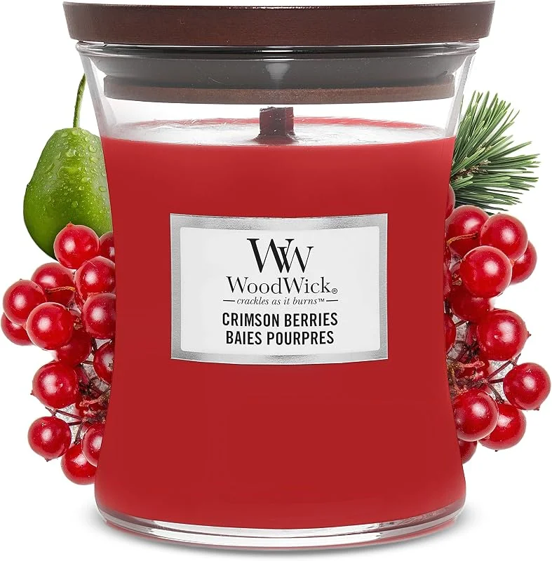 Visita la tienda de Woodwick WoodWick Vela perfumada hourglass mediana, Bayas carmesí, Con mecha crepitante, Tiempo de combustión: hasta 60 horas — Cena a la luz de velas