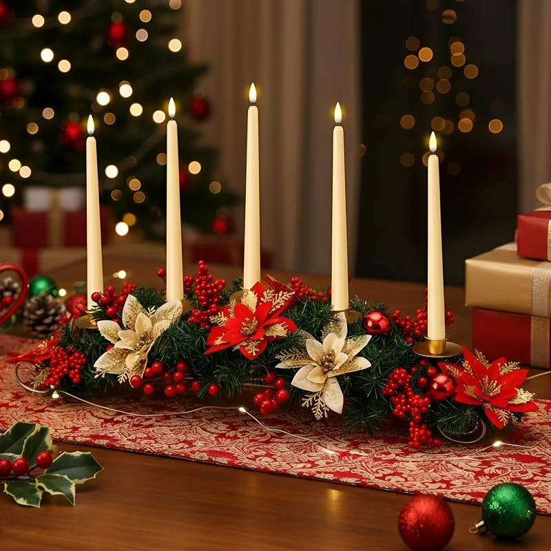 Sliner Centro de mesa de Navidad de 30 pulgadas con 5 cabezas de bala LED sin llama, decoración de mesa artificial para fiestas en casa, no incluye batería — Cena a la luz de velas