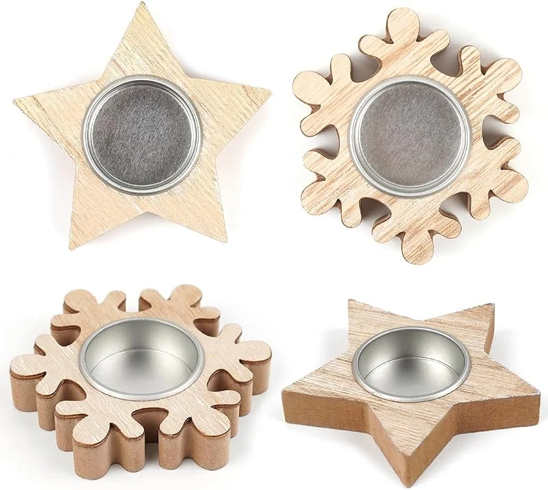 Aurasky Portacandelitas Madera, 4 Piezas Portavelas Estrella y Copo de Nieve, Portavelas de Navidad, Ideal para Manualidades Regalos Decoración de Mesa de Navidad — Adviento y mesa