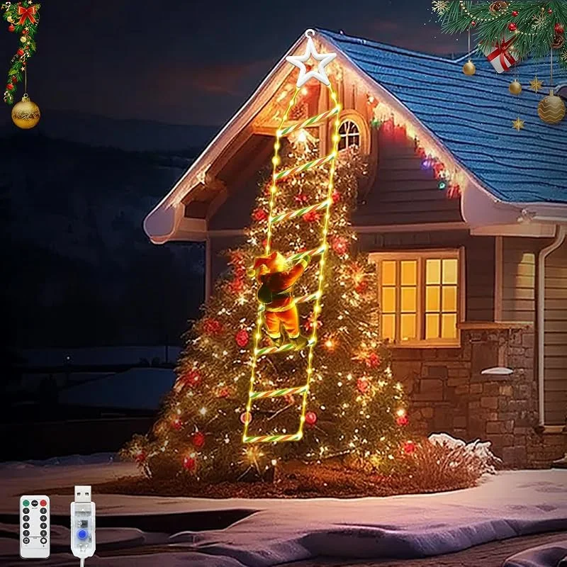 JIMACRO 2M, 6.56FT Papa Noel Colgante Exterior, 124LEDs Decoracion Navidad Exterior con 8 Modos, USB Luces NavidadExterior para Interior Ventana Jardín Casa Pared