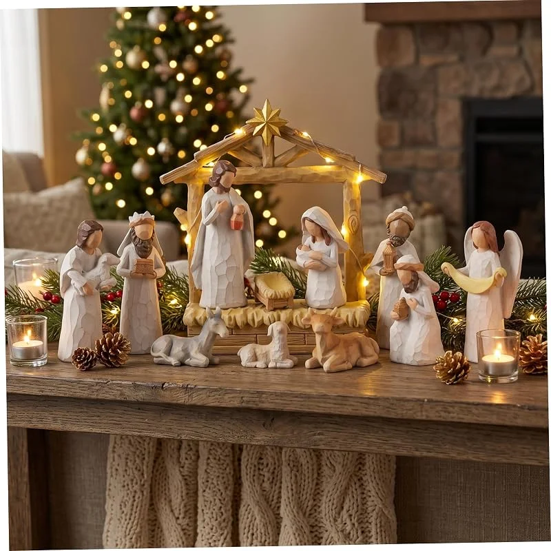 Aetherize Belén de 12 piezas, decoración navideña estilo madera, color blanco — Decoracion Navidad