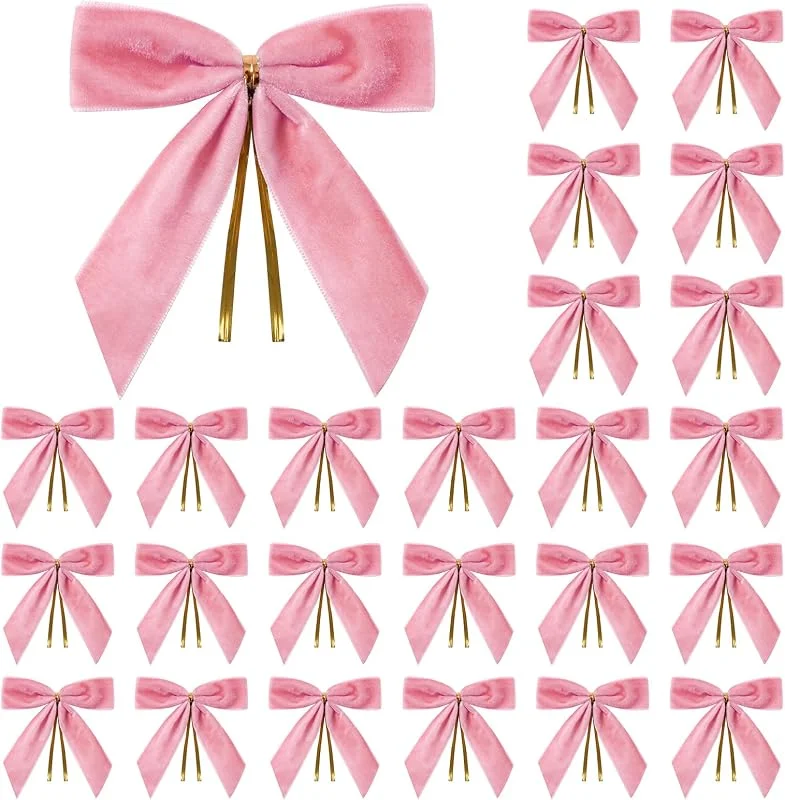 Celblisora 24 lazos de Navidad pequeños de terciopelo rosa para árbol de Navidad, corona, envoltura de regalos, manualidades, bodas, fiestas, lazos de corbata para bolsas de golosinas, bolsas de — Envoltorio regalo