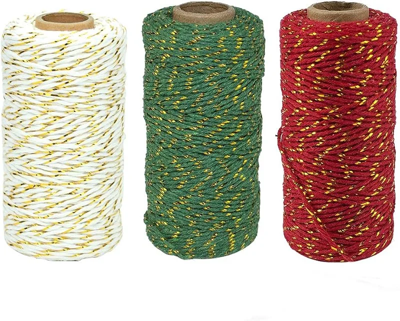 Frgasgds Cordel de Navidad, 3 Rollos 100m Guirnalda navideña Guita de algodón Artesanía Hilo Duradero para Embalaje Artesanías de Bricolaje y Artes Hechas a Mano Etiquetas navideñas Corbata — Envoltorio regalo