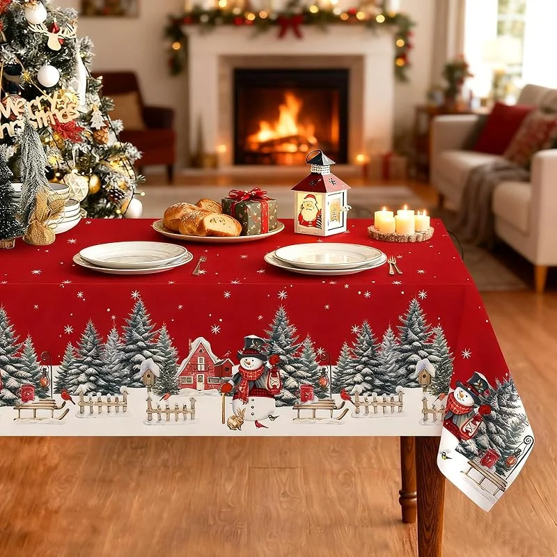 NVGVUP Mantel de Navidad NVGVUP, Rojo, 136 x 248 cm, Mantel Navideño Grande, Lavable con Casa Roja, Muñeco de Nieve, Decoración de Árbol de Navidad para Vacaciones de Invierno, Decoración de Mesa — Hogar y cocina
