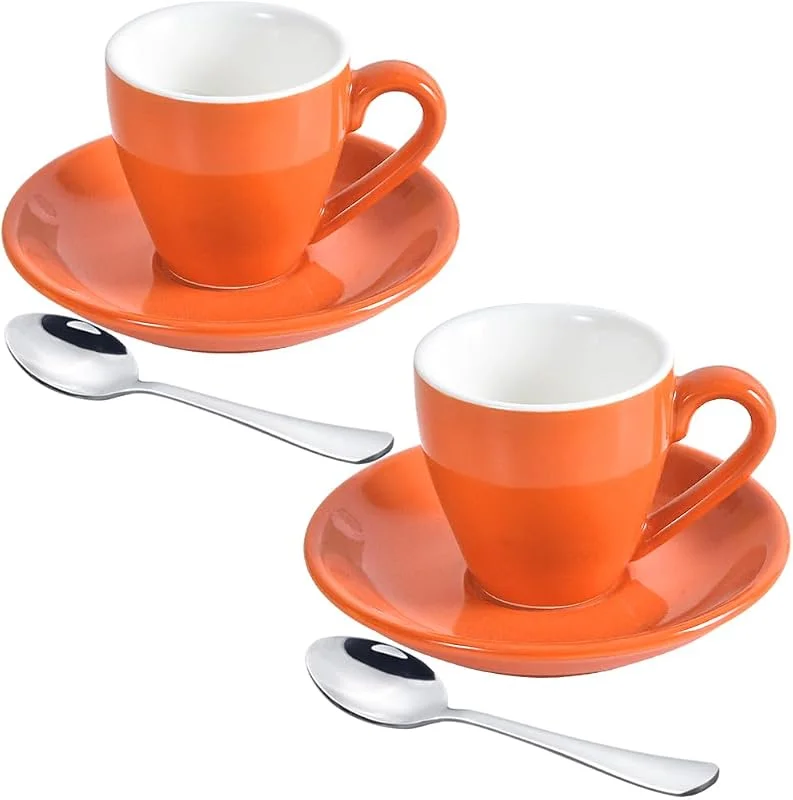 ionEgg Taza de café expreso de porcelana con platillo y mini cucharas de acero inoxidable, taza de chupito para espresso, 80 ml, 2.7oz, paquete de 2, naranja — Adviento y mesa