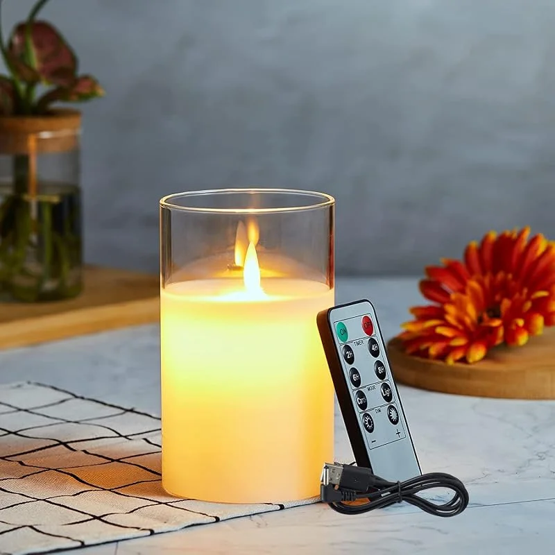 Lonkenn Vela LED Recargables, Vela Parpadeante Sin Llama, Velas con Recargable con Vidrio, Velas LED con Mando a Distancia, Regulable, Para Dormitorio Comedor Fiesta-15cm Blanco — Cena a la luz de velas
