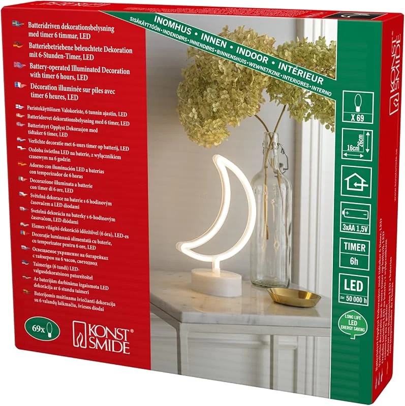 Konstsmide Silueta de manguera LED Luna, temporizador de 6 horas, 69 diodos de luz blanca cálida, funciona con pilas, para interiores, 4, 4 W, funciona con 3 pilas AA de 1, 5 V (no incluidas). — Luces Navidad