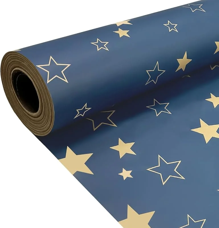 DOJoykey Rollo de papel para envolver regalos de 43cm x 15M, papel Kraft reciclable de estrella azul para Navidad, cumpleaños, Halloween, decoración para fiesta de boda — Envoltorio regalo