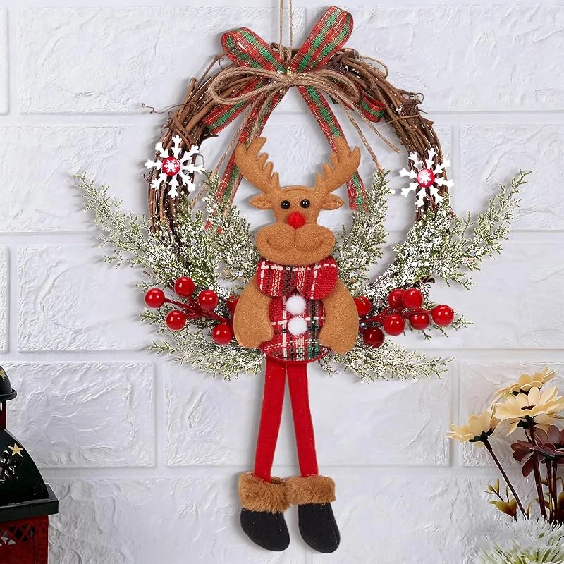 HIAME Corona decorativa para puerta, 35 cm, corona de Navidad, alce y reno, cartel de bienvenida, guirnalda de ratán, decoración para pared, puerta principal, ventana, chimenea, fiesta de boda (C1) — Decoracion Navidad