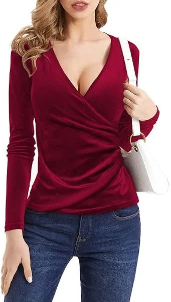 Rongseng Camiseta de Manga Larga Blusa Elegante de Terciopelo Sexy Cuello en V Jersey Ajustadas Pullover Informal Suaves Túnicas Tops para Otoño Invierno — Ropa Navidad