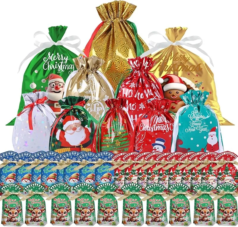 yayafunfun 10 bolsas de regalo de Navidad con cordón, bolsas de regalo reutilizables de papel de aluminio para regalos, bolsas de papel de aluminio de Navidad, bolsa de envoltura grande, mediana y pequeña, con — Envoltorio regalo
