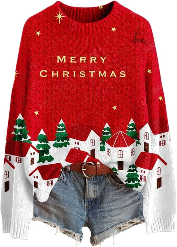 tacniseyw Suéteres de Navidad para mujer, cuello redondo, suéter de punto cálido de — Ropa Navidad