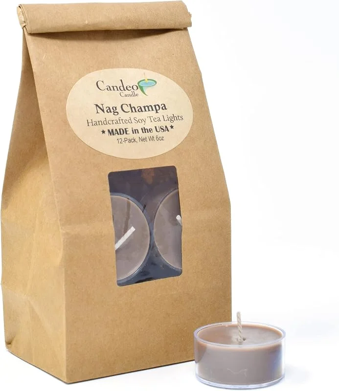 Candeo Candle Nag Champa, velas de té aromáticas de soja, 12 unidades, velas transparentes — Cena a la luz de velas