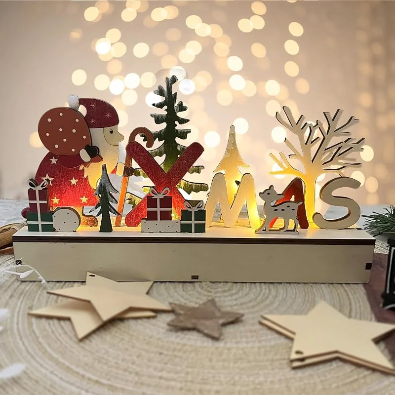 JINGTOPS Decoracion Navidad Figuras De con Luces Led, Centro De Mesa Navidad Pueblo Navidad Luminoso, Decoracion Hogar Arbol Navidad Madera, Renos NavideñOs Decorativos Pueblo NavideñO Nomos De Navidad