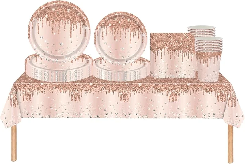 COSORO 69 Rosas Doradas con Diamantes Brillantes Juego de Vajilla Desechable en Papel para Fiesta Cumpleaños, Platos y Vaso Servilletas Copa, Navidad Barbacoas Camping Picnic Boda para Niños y Adultos — Adviento y mesa