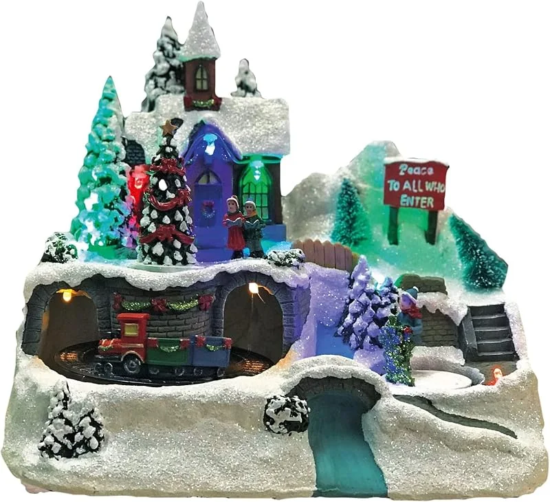 Visita la tienda de Hellum hellum Pueblo navideño LED con tren en movimiento, escena de pueblo de montaña en estilo de fibra óptica, decoración navideña para interiores, funciona con pilas, con iluminación multicolor, 3 pilas — Decoracion Navidad