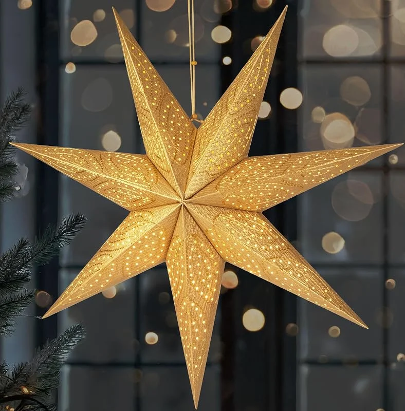 Visita la tienda de BRUBAKER BRUBAKER 60 cm Estrella de Navidad de Papel para Colgar - Estrella de Adviento LED para Decoración Navideña - Estrella de Papel 3D con Función Temporizador - Iluminable con Batería - Dorada — Decoracion Navidad