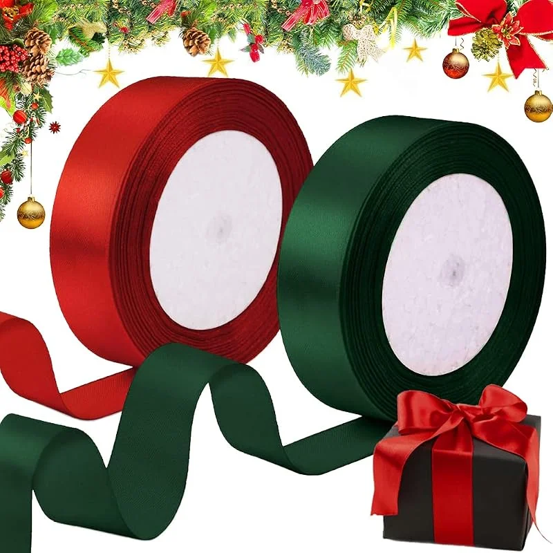 ZAWTR Cinta Navideña para Envolver Regalos, 2 Rollos Satén Cinta Navidad Roja y Verde Oscuro para Manualidades, Cintas 25mm Ancho para Decoraciones de Boda Lazo Corona Pastel Árbol Regalo (45M) — Envoltorio regalo