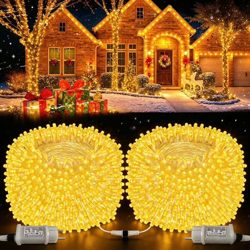 SINGCHUNGTE [2 unidades] 22 m 200 LED cadena de luces para exteriores, luz blanca cálida, cadena de luces LED interior con función de memoria de temporizador, cable transparente, resistente al agua, 8 modos — Luces Navidad