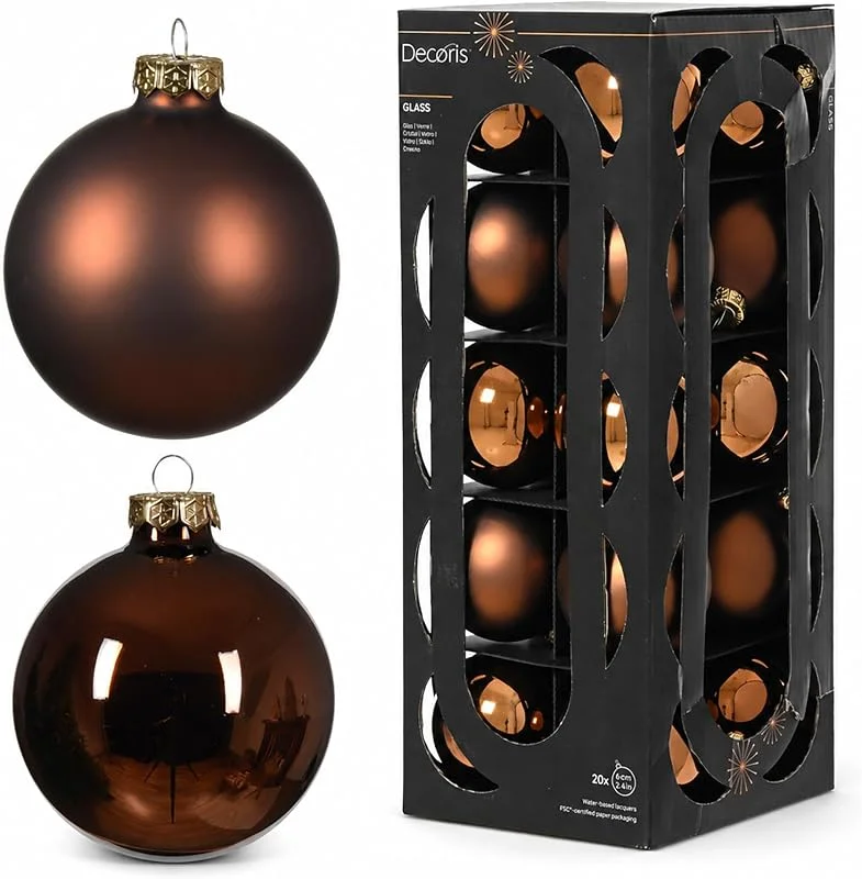 Kaemingk Bolas de Navidad de cristal, 6 cm, 20 unidades, mate y brillante, para árbol de Navidad, color marrón espresso — Decoracion Navidad