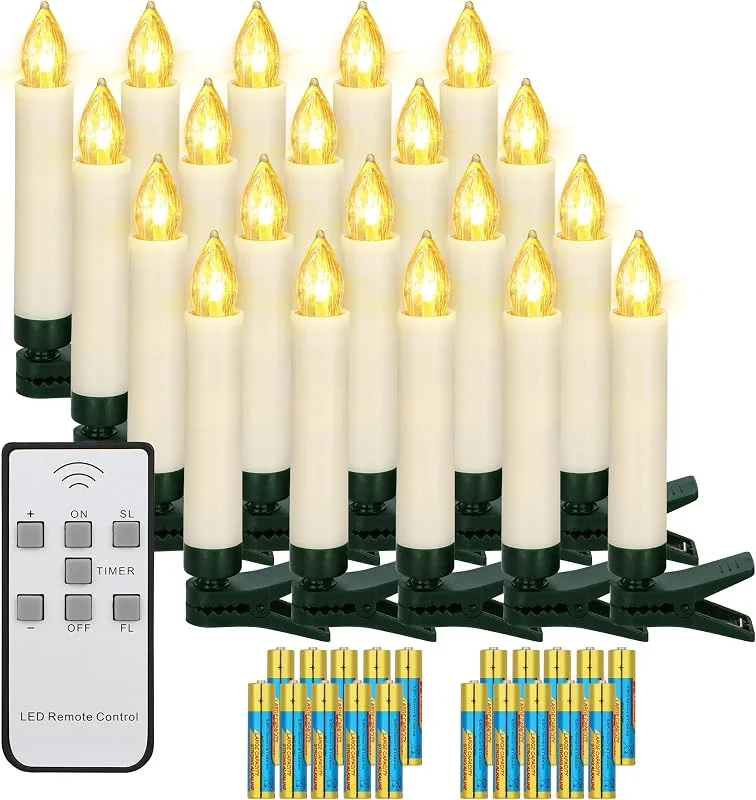 yunsheng 20 velas LED de Navidad, velas inalámbricas para árbol de Navidad con temporizador de mando a distancia, funciona con pilas, sin llama, IP64, (contiene 20 pilas AAA) — Luces Navidad
