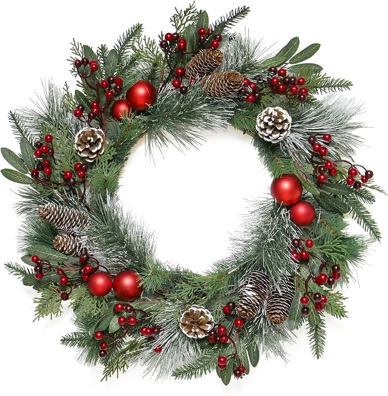Weldomcor Corona de Navidad 60cm para Puerta - Corona De Adviento con Piñas, Pino, Agujas y Bayas para Hogar, Ventana, Pared y Fiestas — Decoracion Navidad