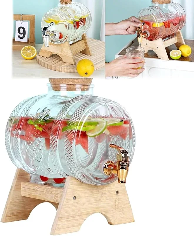 BONJUME Dispensador De Bebidas De Vidrio, Dispensador De Bebidas En Forma De Barril De 1 L Con Soporte Jarra De Whisky Para Alcohol Con Grifo Recipiente Para Bebidas FríAs Para Refrigerador Té Helado Limonada — Vino y mesa festiva