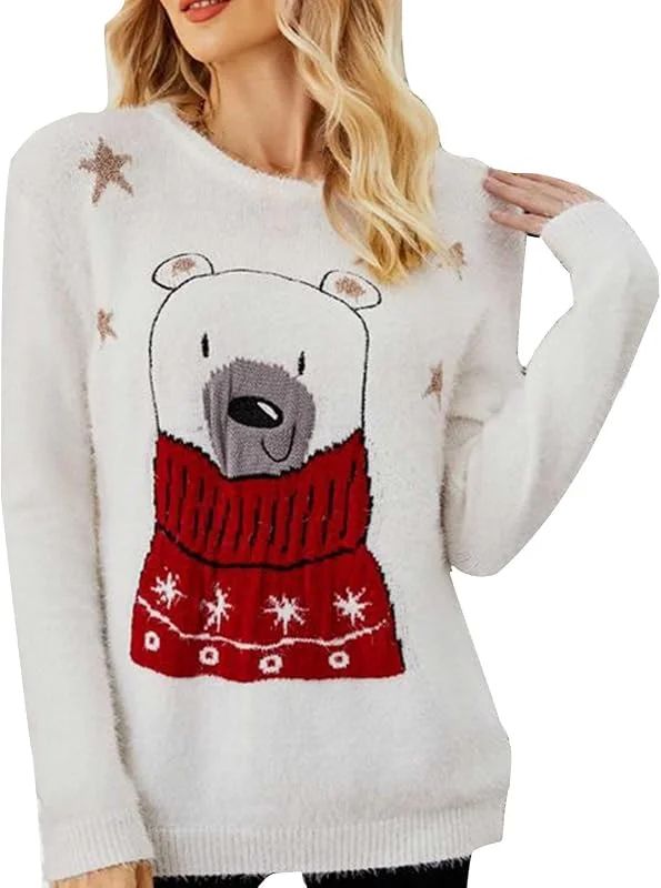 Generic HUIFUAO - Suéter de Navidad para mujer, suéteres de Navidad con estampado de Navidad, suéter de punto, sudadera con capucha para mujer, blanco, L — Ropa Navidad