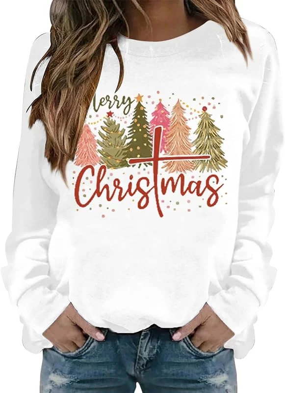 Generic HUIFUAO Sudaderas de Feliz Navidad para mujer, suéter feo de Navidad, árbol de Navidad, manga larga, estampado, traje de Navidad para mujer — Ropa Navidad